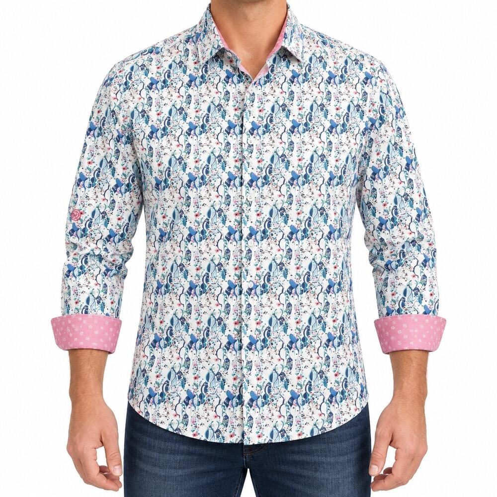 John Lennon Shirt Mens XL Multicolor Bird Floral Cotton Flip Cuffs Button-Up